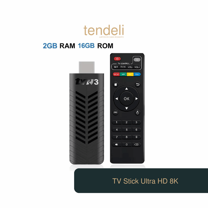 Smart TV Stick Box 8K TVR 3 TV packaging with logo and Ultra HD branding.